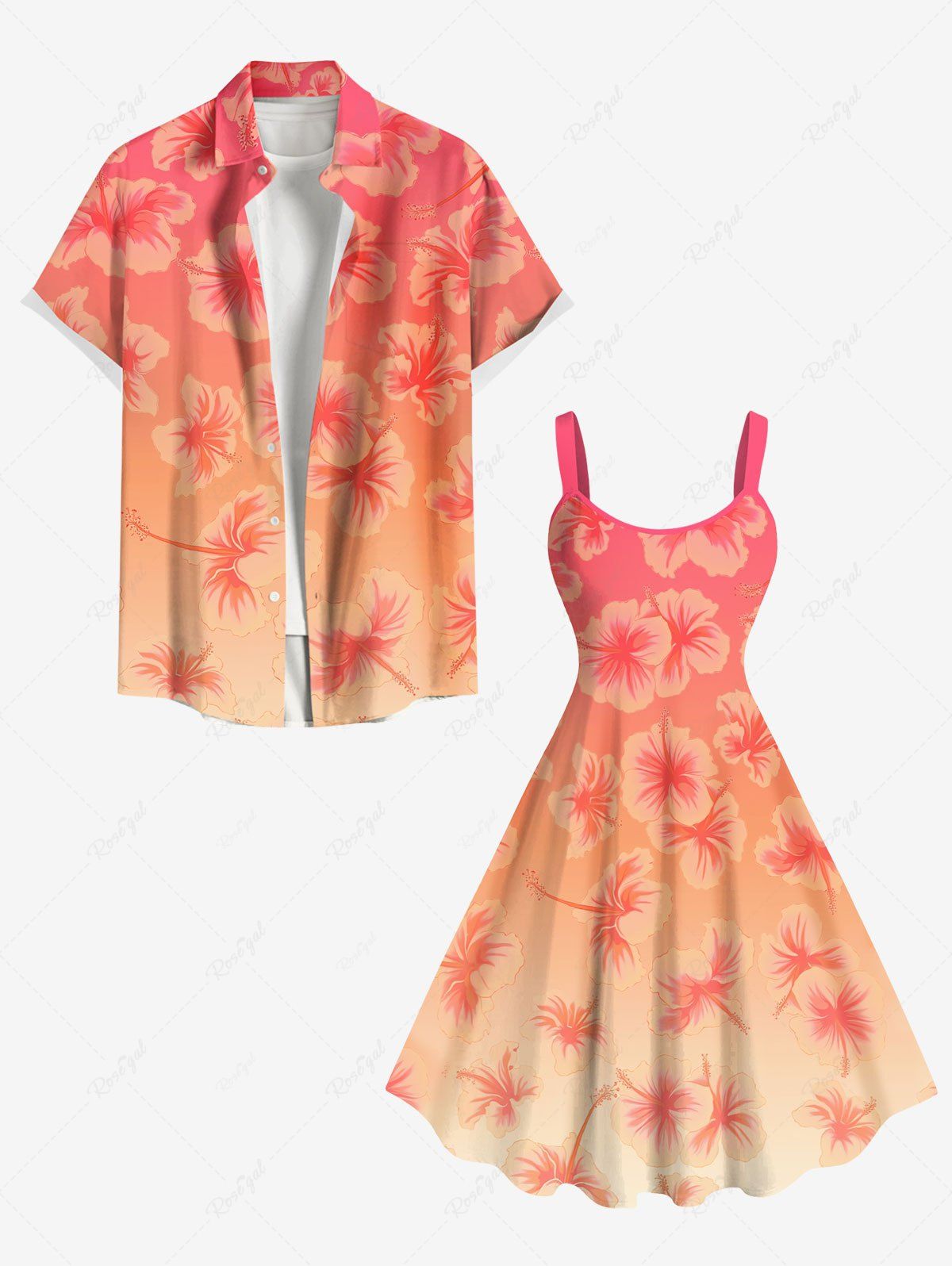 Tenue de plage hawaïenne assortie grande taille à imprimé floral Dip Dye Ombré pour couples Orange 
