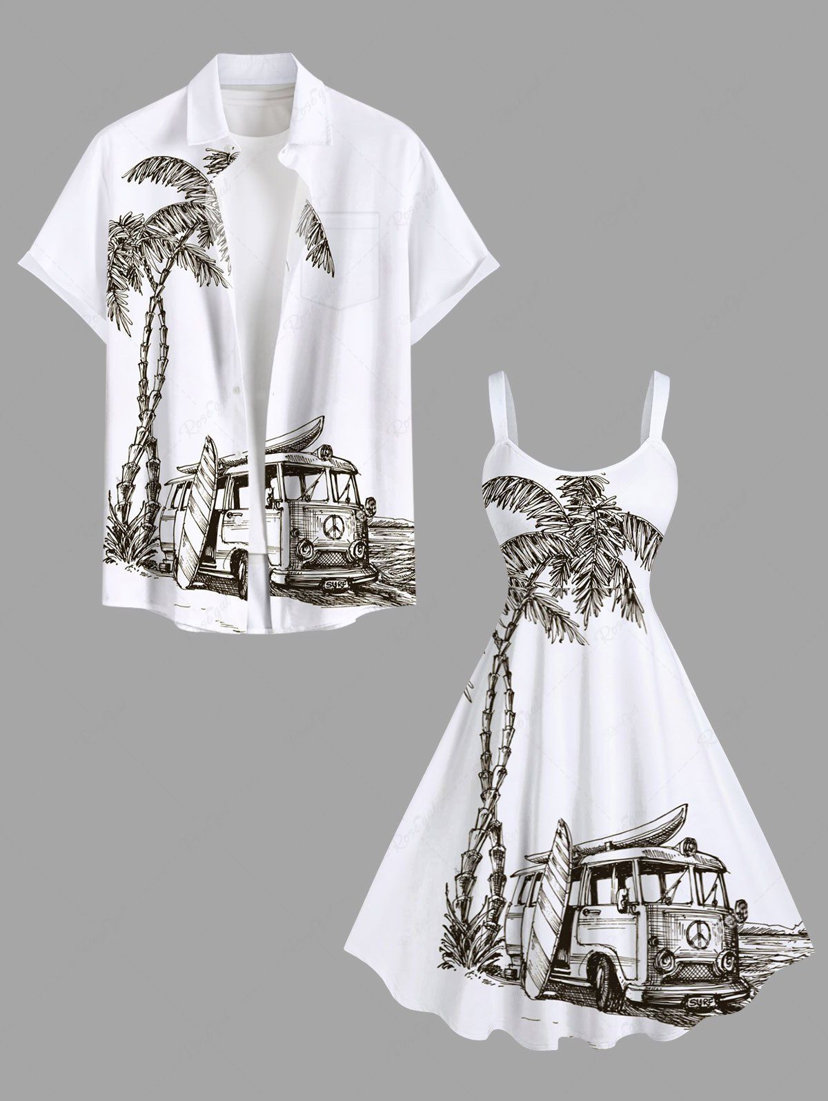 Tenue de Plage Grande Taille Imprimé Cocotiers et Mer Assortis pour Couples Blanc 