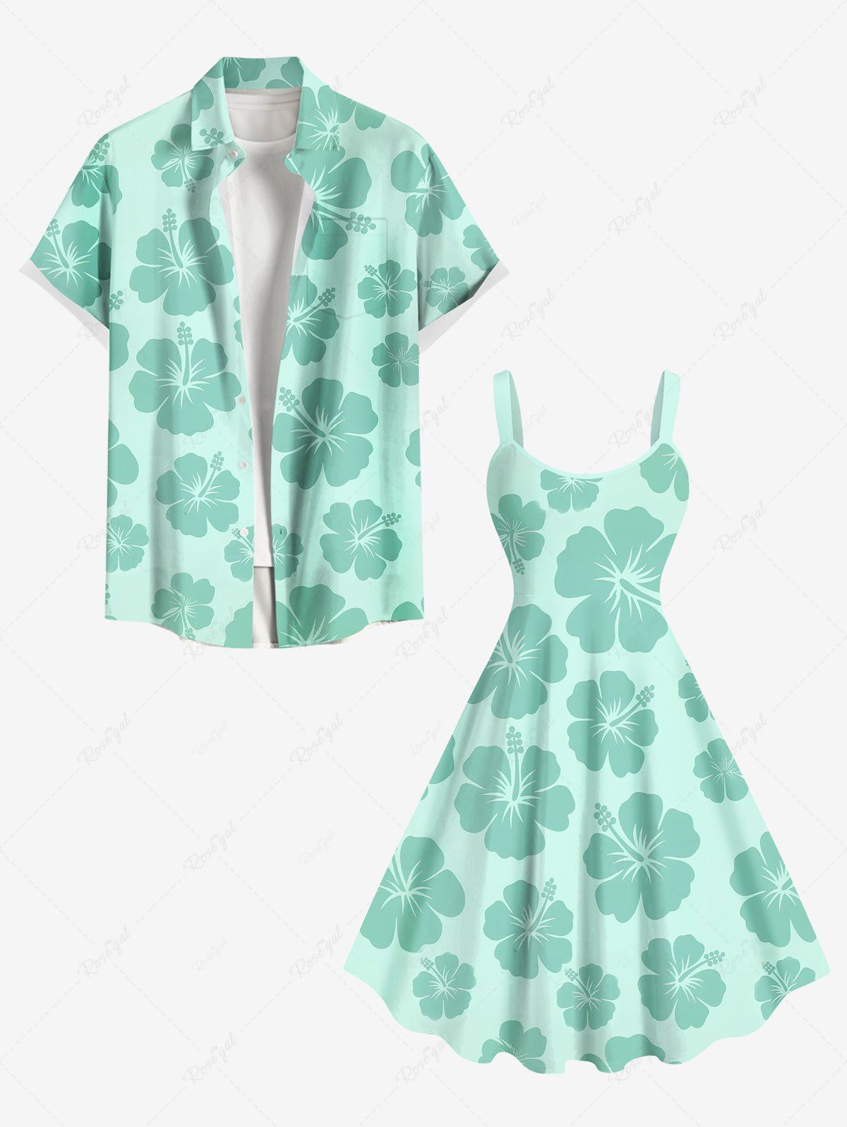 Tenue Grande Taille pour la Plage Jointif Petites Fleurs D'Hibiscus Vert clair 