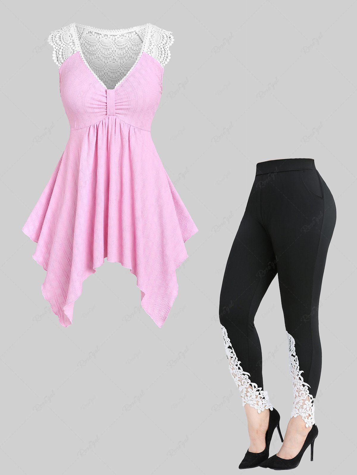 Hot Knot Hanky Hem Lace Panel Tank Top and Appliques Leggings Plus Size Outfit  