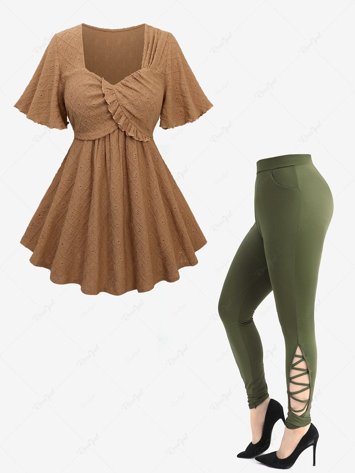 Buy Ruffles Embroidery Rhombus Surplice Top and Hollow Out Crisscross Side Leggings Plus Size Outfit  