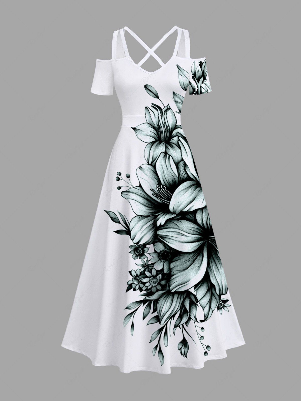 Fashion Plus Size Flowers Leaf Print Cold Shoulder Crisscross Hawaii Maxi Dress  