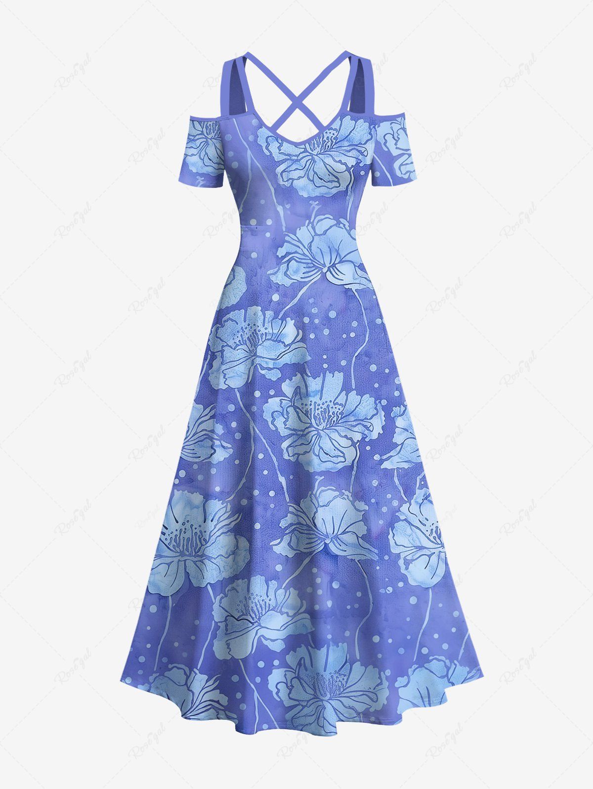 Store Plus Size Flowers Dots Print Cold Shoulder Crisscross Hawaii Maxi Dress  