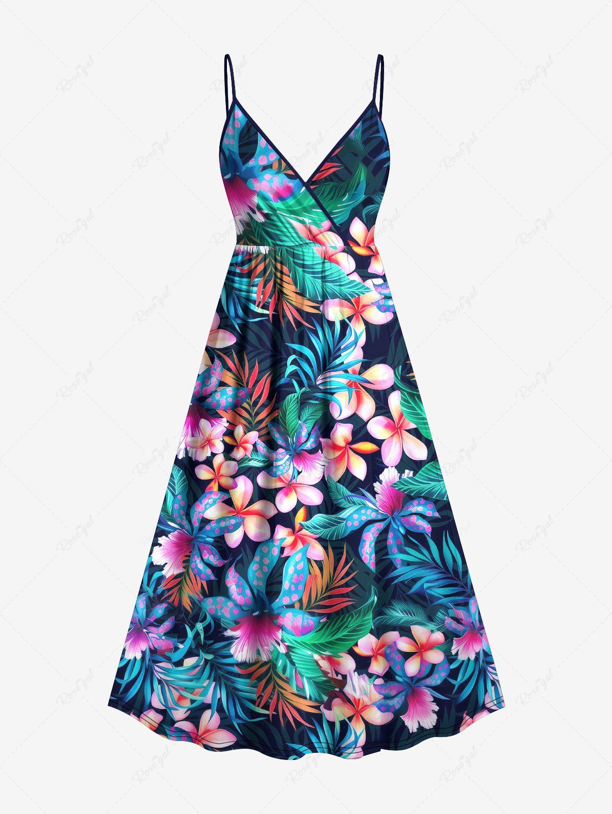 Chic Plus Size Tropical Leaf Flower Print Surplice Hawaii Cami Dress  
