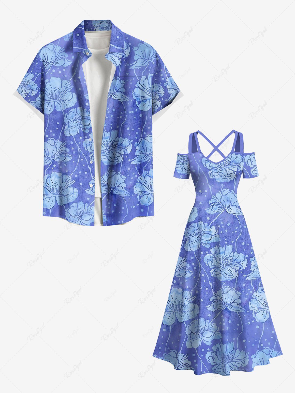 Tenue de Plage Grande Taille et Costume Imprimé à Pois avec Fleurs Bleu Ciel 