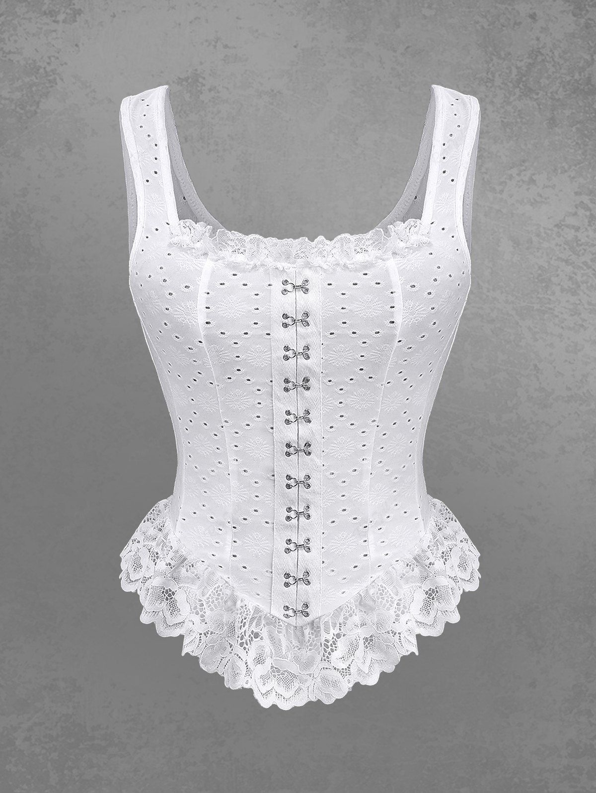 Sale Gothic Pointelle Hollow Out Jacquard Embroidered Lace Trim Peplum Hem Hook and Eye Tank Top  
