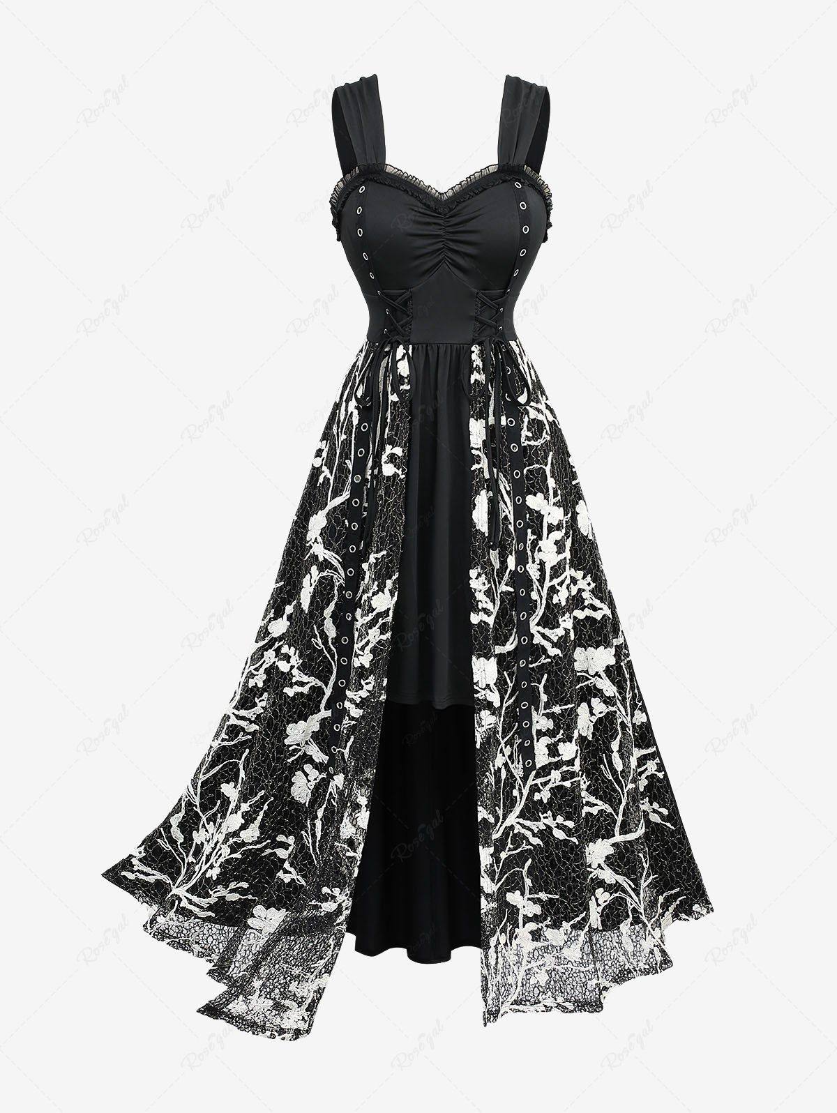 Unique Plus Size Floral Embroidery Grommet Lace-up Ruched Lace Trim Tank Dress  