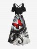 Robe longue grande taille à imprimé papillons et rubans peints à l'encre, dégradé hawaïen, épaules dénudées et croisée, coupe trapèze. - Noir S