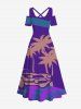 Robe longue trapèze à imprimé géométrique colorblock et motif cocotier, style hawaïen, épaules dénudées et croisée, grande taille - Pourpre  L