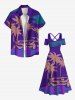 Robe longue trapèze à imprimé géométrique colorblock et motif cocotier, style hawaïen, épaules dénudées et croisée, grande taille - Pourpre  1X