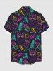 Chemise et Pochette Boutonnée Feuille Tropicale Imprimée de Grande Taille avec Poche - Noir 4XL