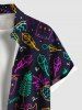 Chemise et Pochette Boutonnée Feuille Tropicale Imprimée de Grande Taille avec Poche - Noir 4XL