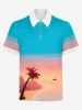 Plus Size Coconut Tree Seascape Ombre Colorblock Print Zipper Hawaii Polo Shirt For Men -  