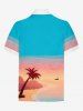 Plus Size Coconut Tree Seascape Ombre Colorblock Print Zipper Hawaii Polo Shirt For Men -  