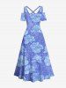 Maxi Robe Croisée Fleur Imprimée à Epaule Dénudée de Grande Taille - Bleu 3X