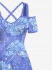 Maxi Robe Croisée Fleur Imprimée à Epaule Dénudée de Grande Taille - Bleu 3X