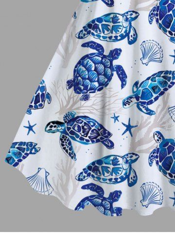 Turtle Shell Starfish Coral Plant Print Plus Size Matching Hawaii Beach Outfit For Couples