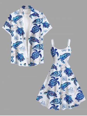 Turtle Shell Starfish Coral Plant Print Plus Size Matching Hawaii Beach Outfit For Couples - BLUE