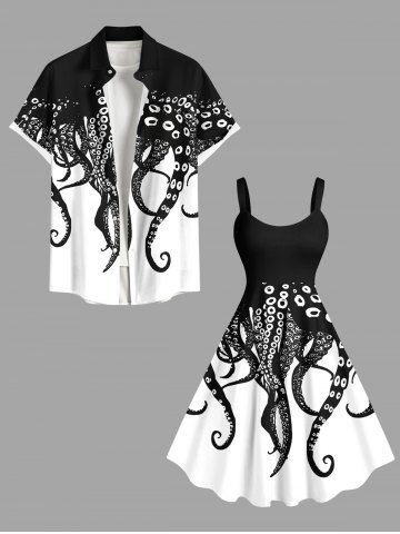 Two Tone Octopus Colorblock Print Plus Size Matching Hawaii Beach Outfit For Couples - BLACK