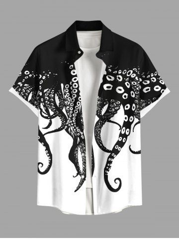 Plus Size Two Tone Octopus Colorblock Print Buttons Pocket Hawaii Shirt For Men - BLACK - 3XL