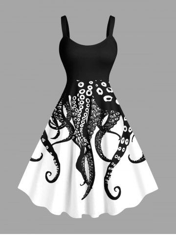 Plus Size Two Tone Octopus Colorblock Print Hawaii Tank Dress - BLACK - 3X