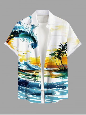 Plus Size Oil Painting Coconut Tree Sea Waves Sunset Print Buttons Pocket Hawaii Shirt For Men