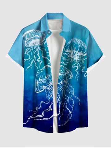 Plus Size Jellyfish Ombre Print Buttons Pocket Hawaii Shirt For Men