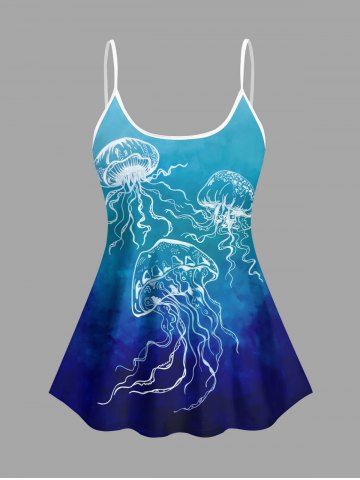 Plus Size Jellyfish Ombre Print Hawaii Tankini Top(Adjustable Shoulder Strap) - BLUE - XS