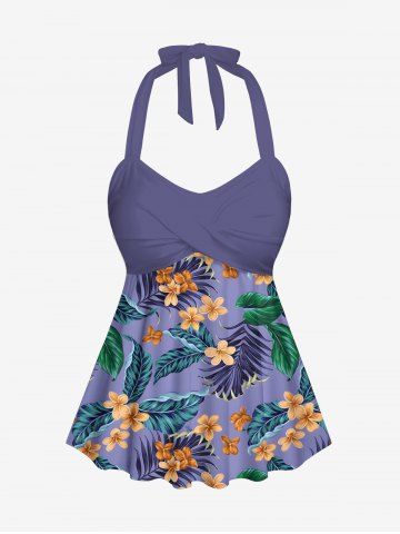 Plus Size Tropical Leaf Flower Print Halter Hawaii Tankini Top - PURPLE - XS