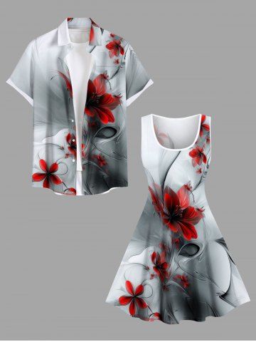 Flower Print Plus Size Matching Hawaii Beach Outfit For Couples - GRAY