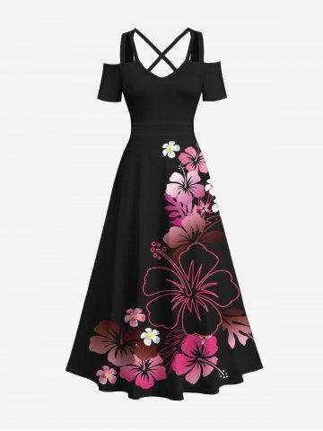 Plus Size Tropical Hibiscus Flower Print Cold Shoulder Crisscross Hawaii Maxi Dress - BLACK - 1X