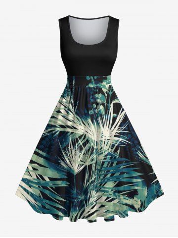 Plus Size Tropical Leaf Print Hawaii 1950s Vintage Dress - BLACK - 2X