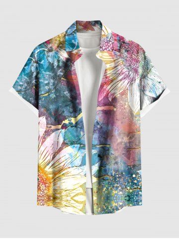 Plus Size Disdressed Colorful Sunflower Print Buttons Pocket Hawaii Shirt For Men