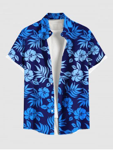 Plus Size Tropical Leaf Flower Print Buttons Pocket Hawaii Shirt For Men