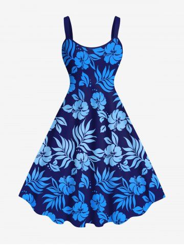 Plus Size Tropical Leaf Flower Print Hawaii Tank Dress - BLUE - S