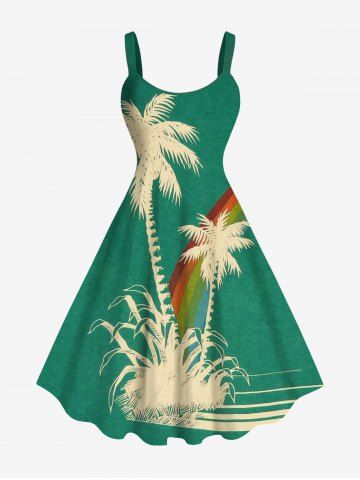Plus Size Coconut Tree Rainbow Print Hawaii Tank Dress - GREEN - L