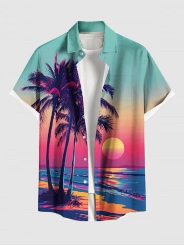 Plus Size Coconut Tree Sun Seascape Ombre Print Buttons Pocket Hawaii Shirt For Men