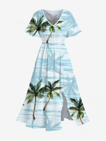 Plus Size Coconut Tree Sea Print Split Hawaii Midi Dress