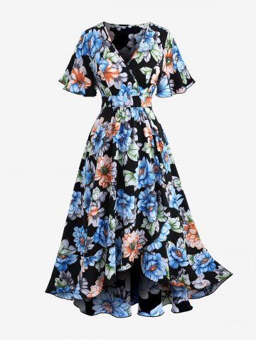 Plus Size Colorful Flower Print Surplice Ruffles A Line Casual Dress - BLACK - 5X | US 30-32