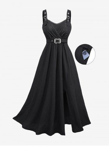 Plus Size Lace Trim Grommets Heart Buckle Split Surplice Ruched Plisse Dress - BLACK - 5X | US 30-32