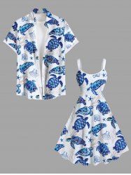 Turtle Shell Starfish Coral Plant Print Plus Size Matching Hawaii Beach Outfit For Couples -  
