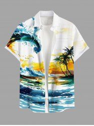 Chemise Décontractée Cocotier Peinture à L'Huile Imprimé avec Poche de Grande Taille pour Homme - Bleu 4XL