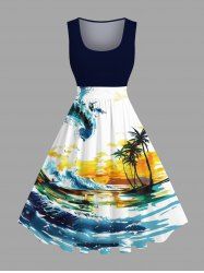 Plus Size Oil Painting Coconut Tree Sea Waves Sunset Print Hawaii 1950s Vintage Dress -  