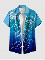 Chemise Décontractée Méduse Imprimée avec Poche de Grande Taille avec Boutons - Bleu 3XL