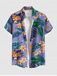 Plus Size Tropical Leaf Flower Print Buttons Pocket Hawaii Shirt For Men -  