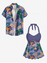 Tropical Leaf Flower Print Plus Size Matching Hawaii Beach Outfit For Couples -  
