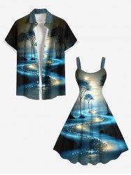 Tenue de Plage Grande Taille à Paillettes Brillantes et Imprimé Arbre 3D pour Couples - Noir 