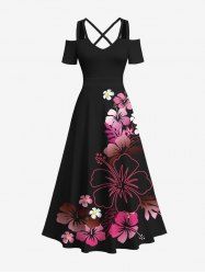 Plus Size Tropical Hibiscus Flower Print Cold Shoulder Crisscross Hawaii Maxi Dress -  