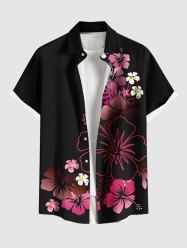 Plus Size Tropical Hibiscus Flower Print Buttons Pocket Hawaii Shirt For Men -  