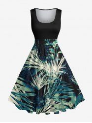 Plus Size Tropical Leaf Print Hawaii 1950s Vintage Dress -  